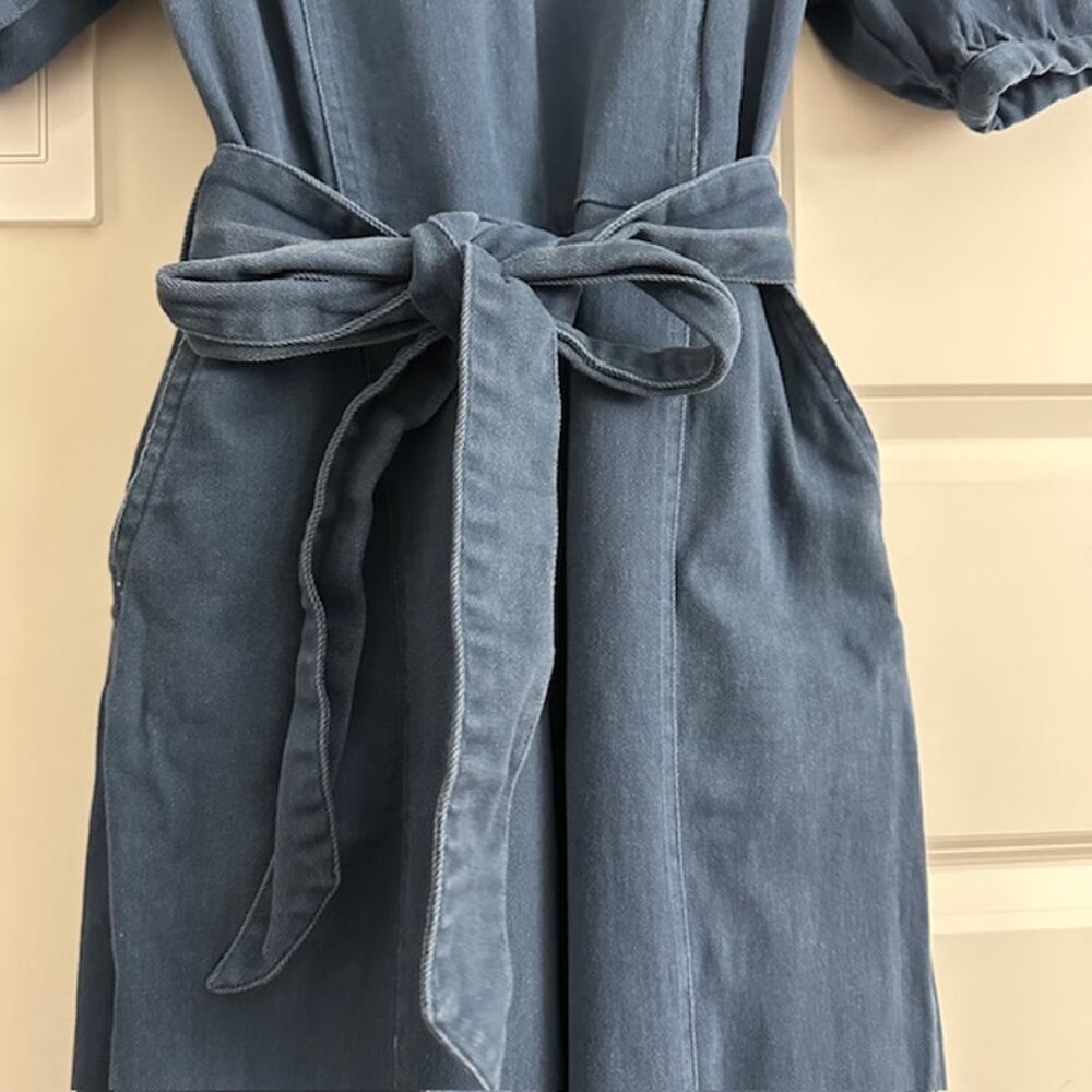 En Saison Puff Sleeve Belted Denim Wide Leg Jumpsuit Medium - Picture 6 of 16